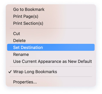 Adobe Acrobat: right-click bookmark to set destination
