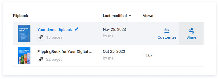 FlippingBook Online dashboard with flipbook share options