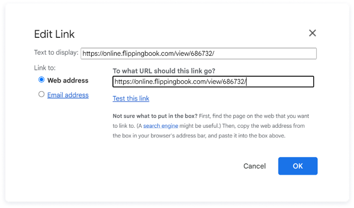 Edit link window in Gmail