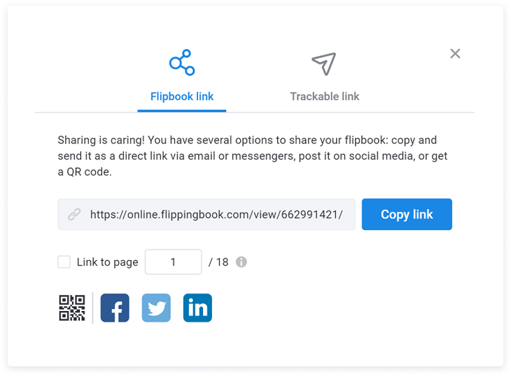 Sharing options: Facebook share button and direct link for flipbook