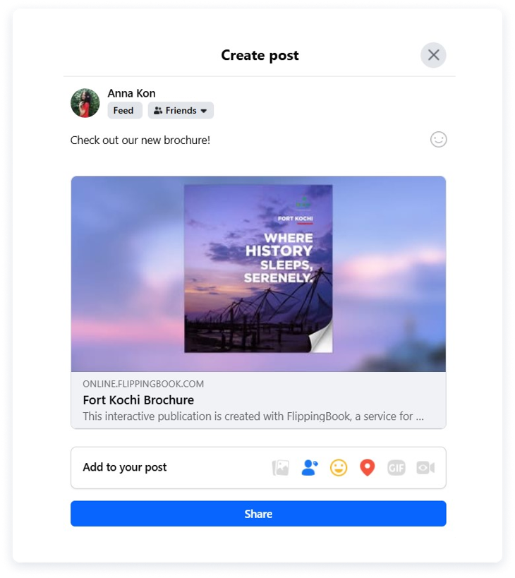 Flipbook post preview displayed on Facebook feed